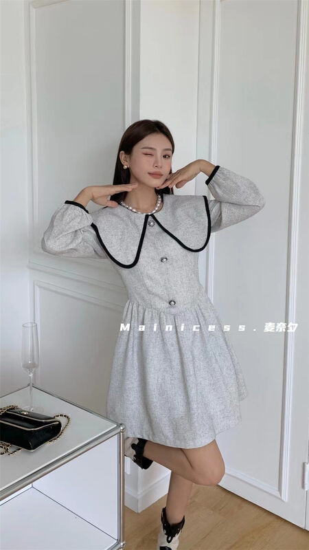 New in autumn!【MAINICES】Fashion color contrast collar waist slim dress 3526# CLS