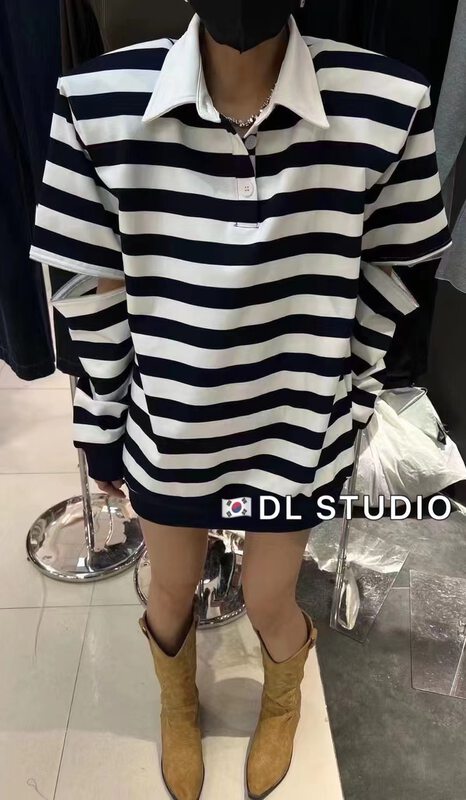 New in Autumn! [DL] Leather Collar Striped Korean Pullover Long Sleeve T-Shirt 9169# WTT