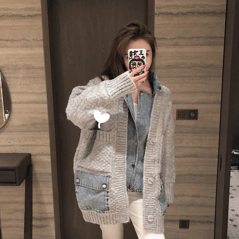 Knitted stitching denim jacket women's Korean version loose retro casual all-match thin 2022 new women's tops