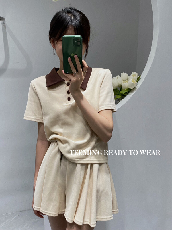 New in early autumn! [TEEM ING] Design contrast color polo short-sleeved T-shirt + drawstring culottes suit 22T538# HJY