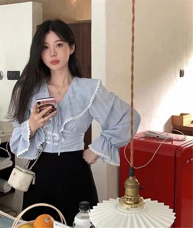 New in autumn! [Clothing] Doll collar lace stitching commuter shirt 1300# PCZ