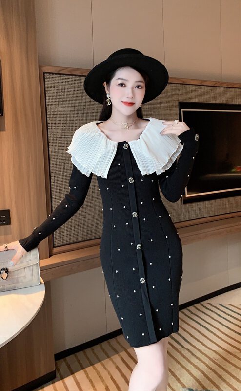 New in autumn! [Xiye] Color-blocking slim knitted dress D1913# JJ