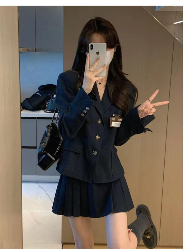 Autumn is new! [Clothing] College style solid color suit + short pleated skirt suit (with brooch) 1295# PCZ