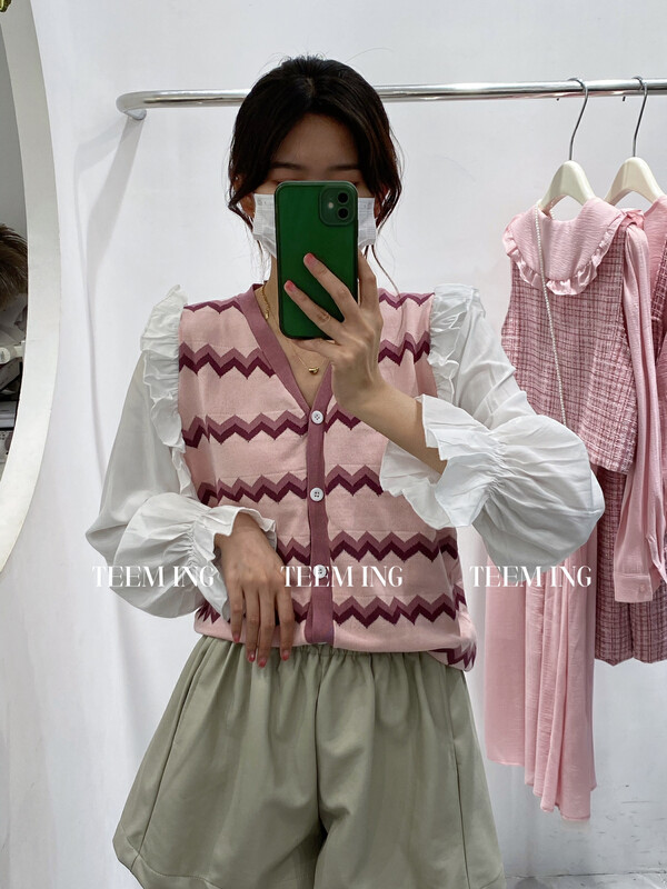 New in autumn! [TEEM ING] striped stitching contrast color fungus edge shirt 22T587# HJY