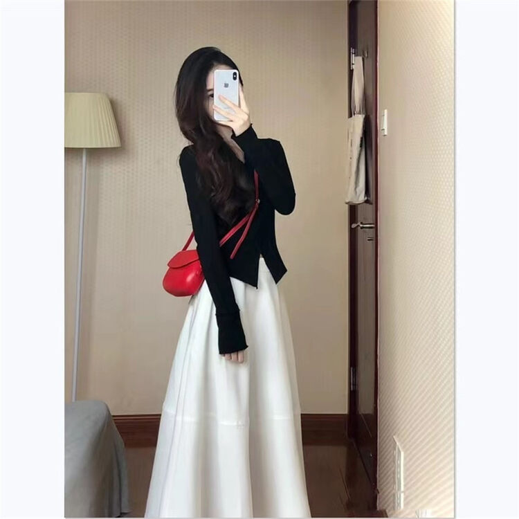 Autumn is new! [Clothing] V-neck slim knitted cardigan + temperament A-line long skirt suit (only selling suits) 1306# PCZ