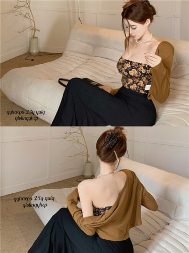 Real shooting price~French retro sexy short slim-fitting floral tube top knitted jacket + fishtail skirt showing figure