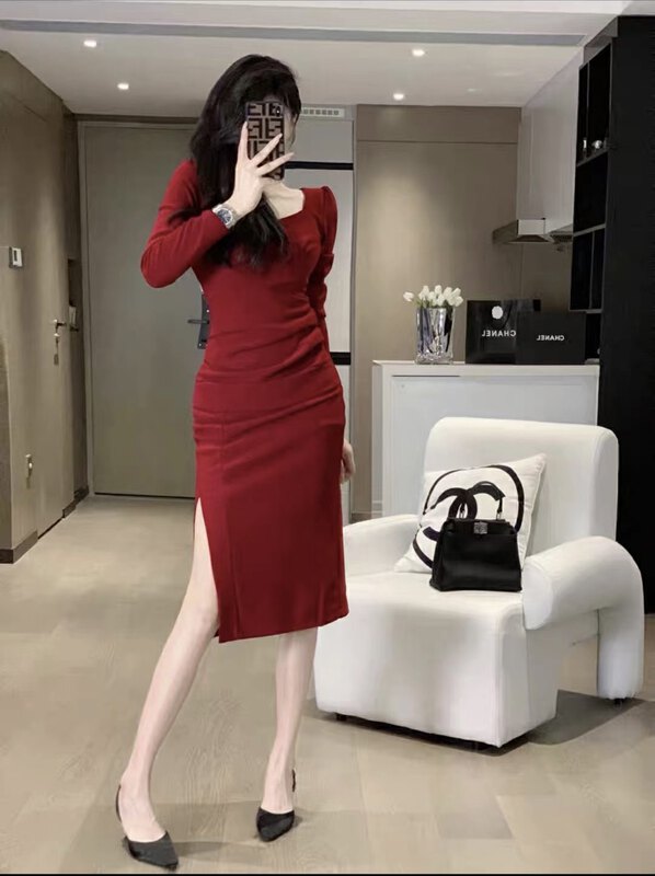 New in autumn! [Xiye] Thin solid color round neck all-match dress A6001# JJ