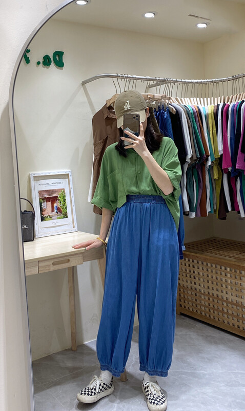 [DA.7] Elastic waist loose all-match topstitch jeans 8923# LSL