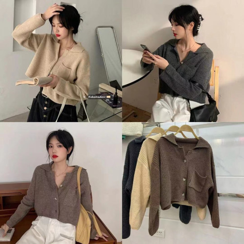 Hong Kong style coffee color BM soft glutinous knitted sweater outer wear cardigan jacket spring new women's short top