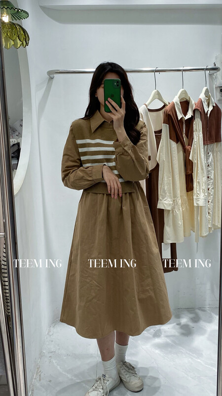 New in autumn! [TEEM ING] Korean striped retro knitted vest + solid color long-sleeved dress suit 22T599# HJY