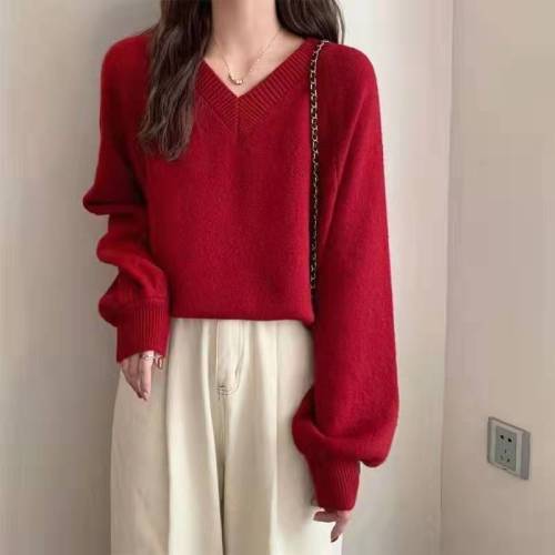 Korean chic new lazy style V-neck pullover loose solid color puff sleeve knitted sweater women's outer wear