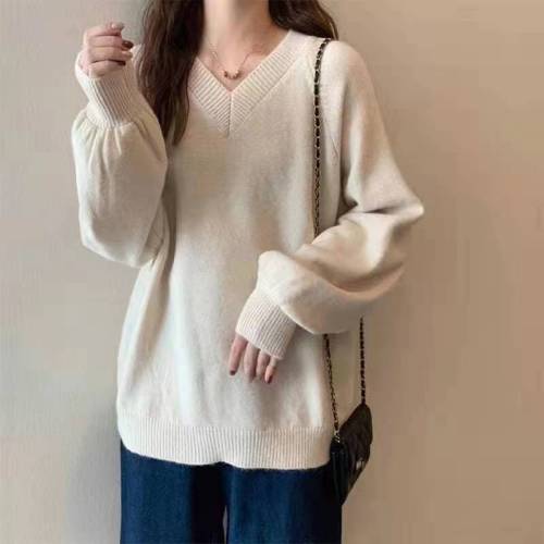 Korean chic new lazy style V-neck pullover loose solid color puff sleeve knitted sweater women's outer wear