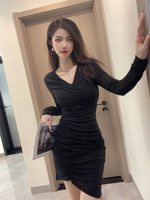 New in autumn! [Xiye] V-neck slim hip dress A5986# JJ