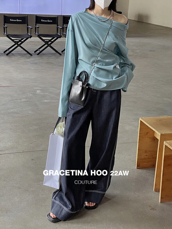 【GRACETINA HOO】Tencel Denim Comfortable Design Wide Leg High Waist Straight Mop Jeans N200# CQW
