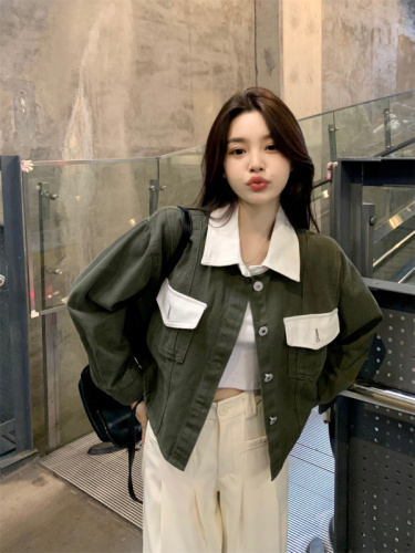 Real shot stitching short denim jacket women's spring and autumn  new Korean version loose design niche jacket