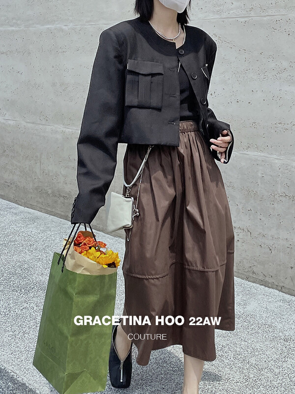 Original price 81.21! [GRACETINA HOO] craft calendering niche elastic waist profile high glossy skirt BQ3118