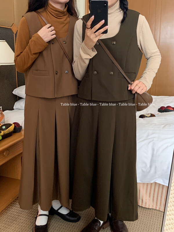 【TABLE BLUE】Korean Style Vest + High Waist Pleated Skirt Set T3098# LSW