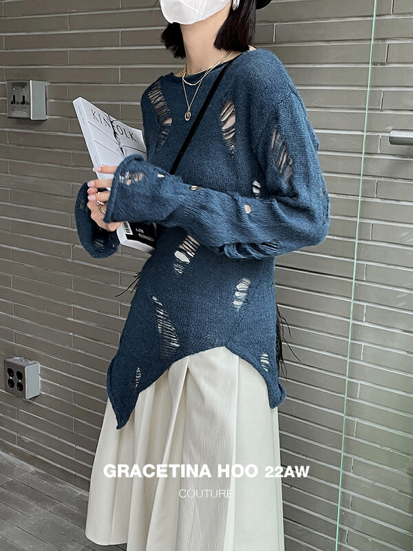 Original price 73.32! [GRACETINA HOO] niche hole hollow knitted thin sweater Z846