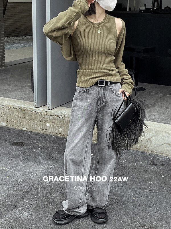 【GRACETINA HOO】Retro high-waisted wide-leg straight jeans N202