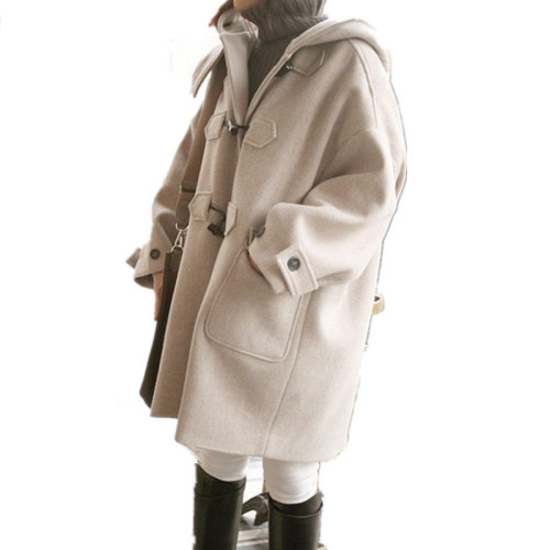  autumn and winter new hooded woolen coat female student Korean college style long horn button woolen coat