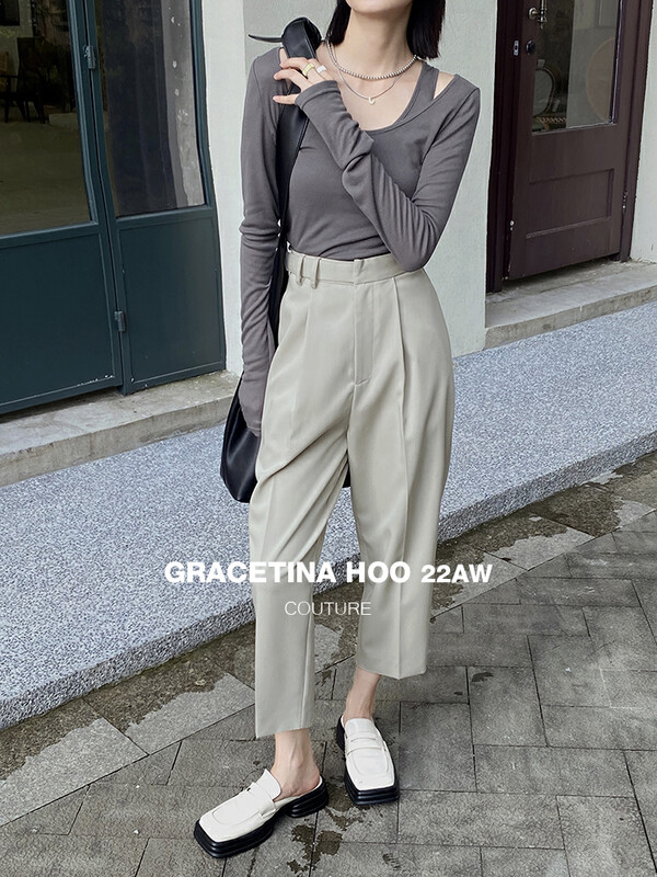 [GRACETINA HOO] belt decoration design sense long waist loop tapered slim trousers commuting all-match K9229