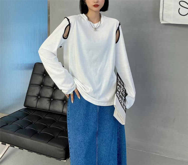 New in autumn! [HYSO] Contrast color bilateral off-the-shoulder long-sleeved T-shirt 9101# XJ