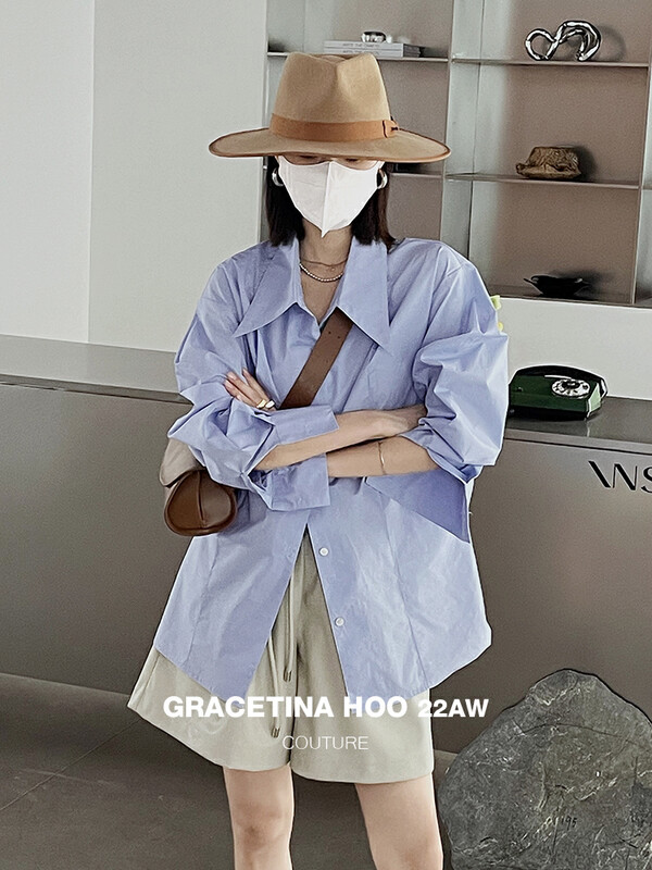 [GRACETINA HOO] Vertical cutting niche design pointed collar cotton shirt three-dimensional folding right-angle shoulder CS684