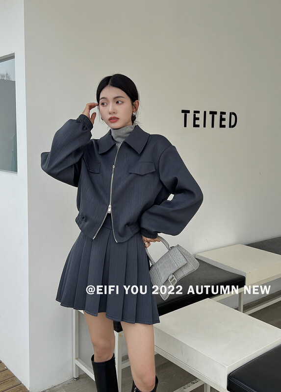 New in autumn!【EI FI YOU】Korean double zipper jacket + pleated skirt suit 3822# LSL
