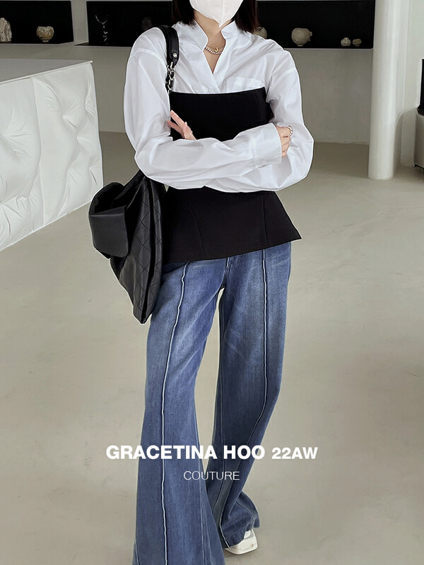 【GRACETINA HOO】Cat whiskers retro mid-grain washed wide-leg jeans N222# CQW