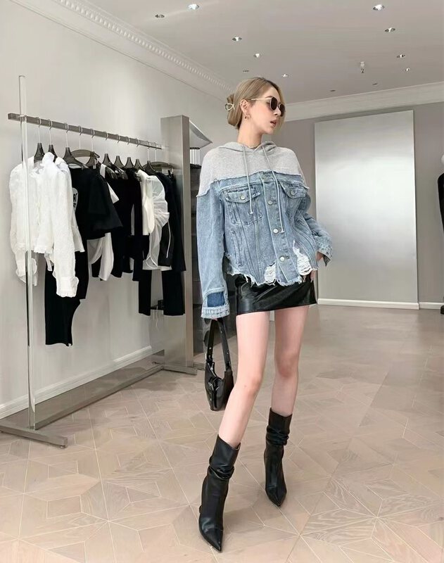 Autumn is new! [66 clothing] Design stitching breasted denim jacket L5717# JJ