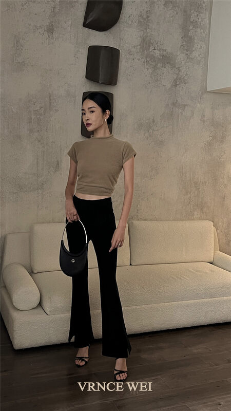 New in autumn! [VRNCE] Big-name minimalist high-waisted micro-flare slit casual pants 5363# XYJ