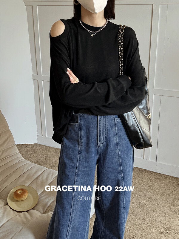 【GRACETINA HOO】Loose and lazy off-the-shoulder knitted long-sleeved T-shirt Z893# CQW