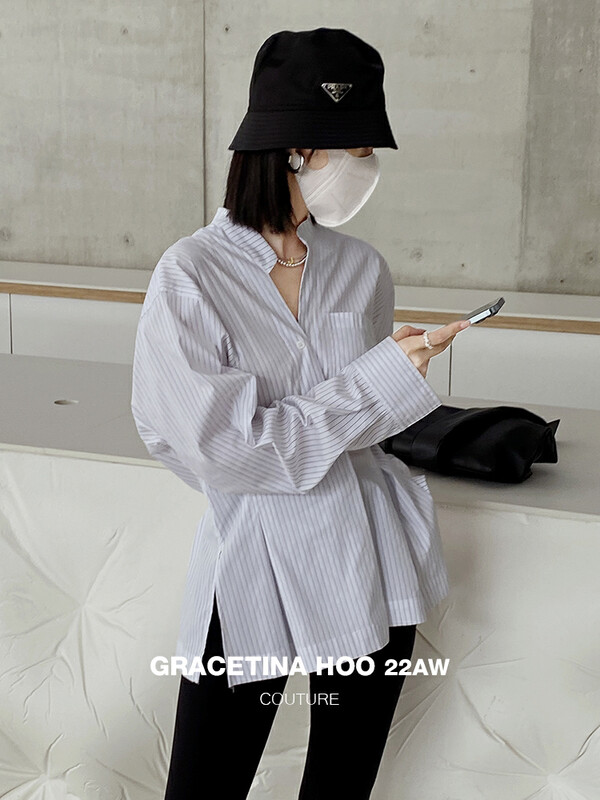 [GRACETINA HOO] Standing cut niche irregular waist slit shirt CS3190