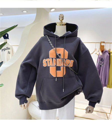 250g fleece thickened hooded sweater women's loose mid-length autumn thick bf lazy wind long-sleeved top