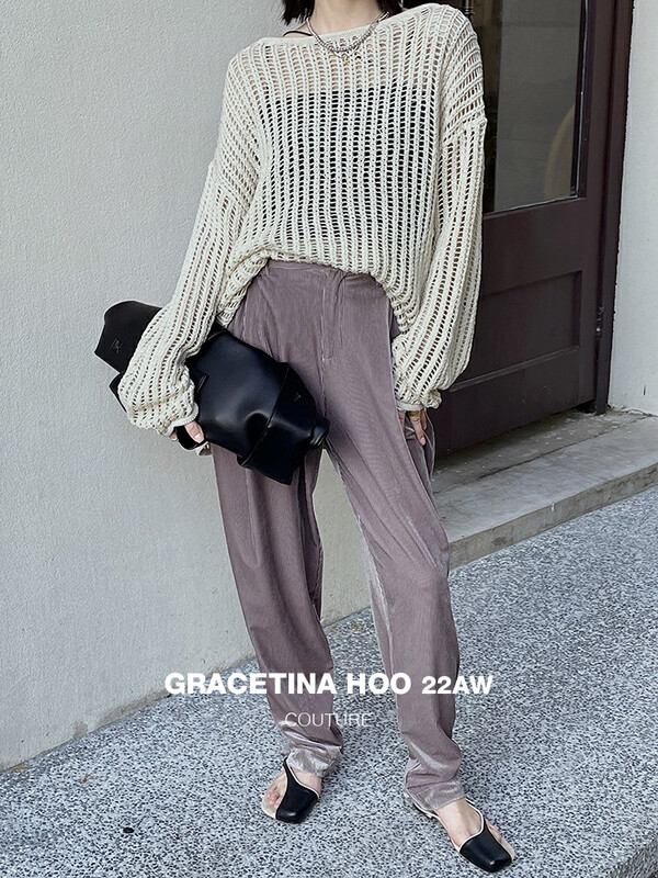 [GRACETINA HOO] niche glossy velvet straight casual pants K8266