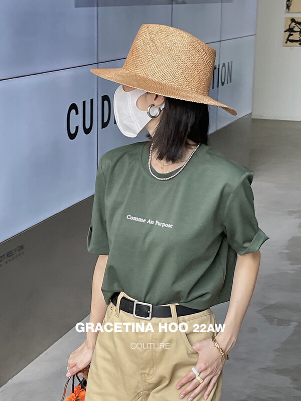 [GRACETINA HOO] Cocoon-shaped short design letter printing short-sleeved T-shirt three-dimensional letter T3166