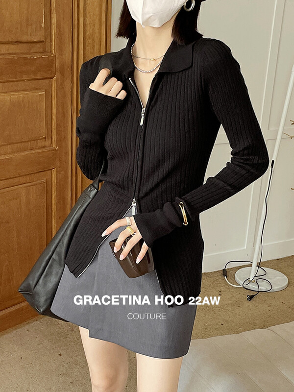 【GRACETINA HOO】Nice double zipper long-sleeved temperament knitted sweater Z899# CQW