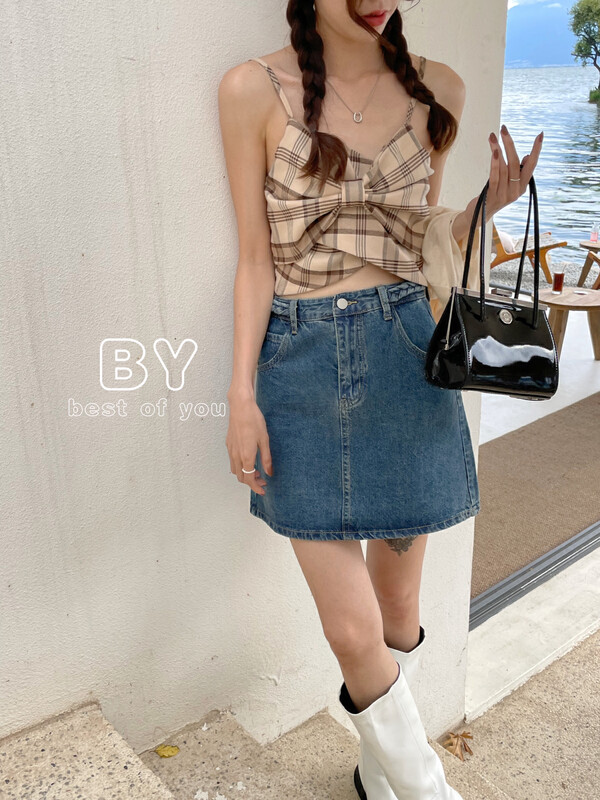 New in early autumn!【BEST OF YOU】Bow knot plaid suspenders comfortable small shirt (only small shirts are sold) 9897# HBX