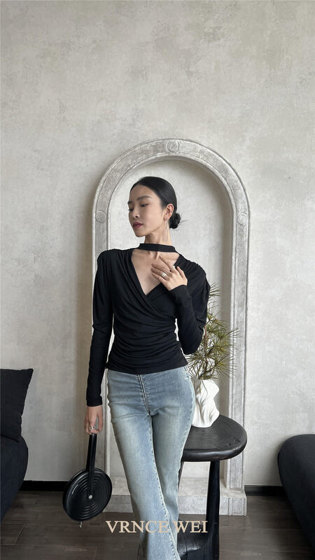 New in autumn! [VRNCE] big-name simple pleated all-match long-sleeved T-shirt 5318# XYJ