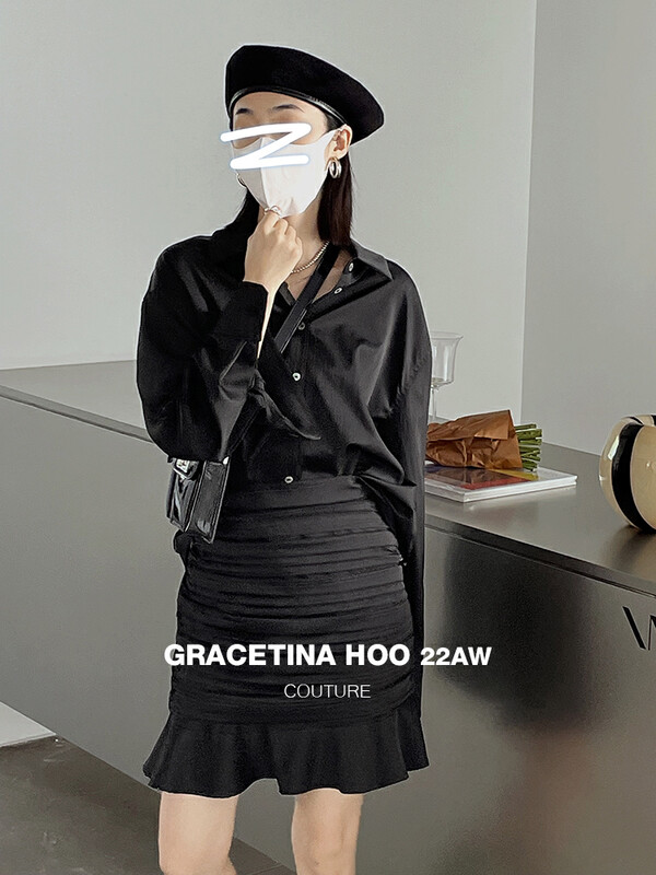 [GRACETINA HOO] Design denim shirt pleated skirt suit TZ652