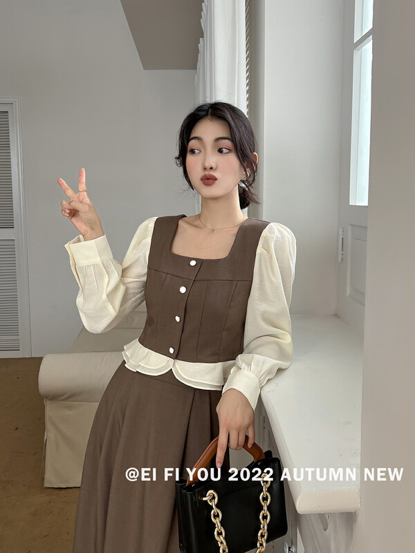 New in early autumn!【EI FI YOU】Fashion color-blocking shirt + mid-length skirt two-piece suit 5136# LSL