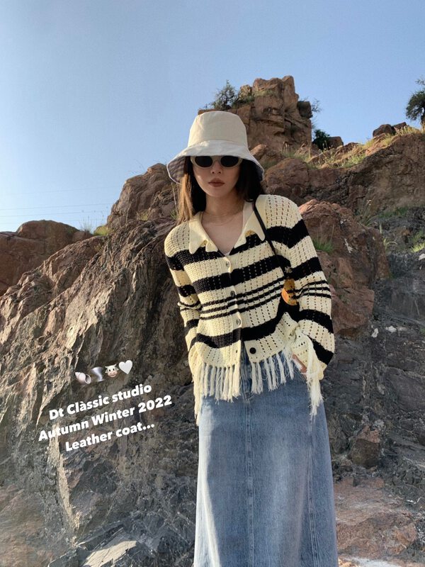 New in early autumn! [DT CLASSIC] Striped tassel design knitted cardigan 5044# XYJ