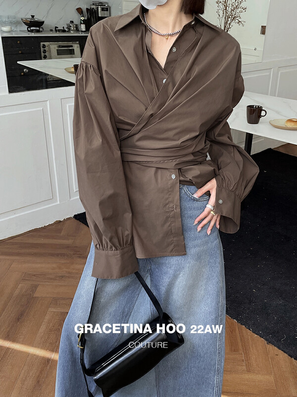 【GRACETINA HOO】Design pleated waist long-sleeved shirt CS5229# CQW