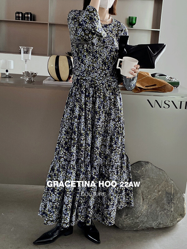 【GRACETINA HOO】French Dyeing Waist Floral Dress LY5225# CQW