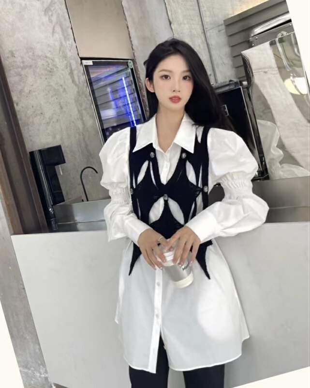 Autumn models are new! [66 clothing] casual breasted solid color shirt + solid color all-match vest suit L5588# JJ