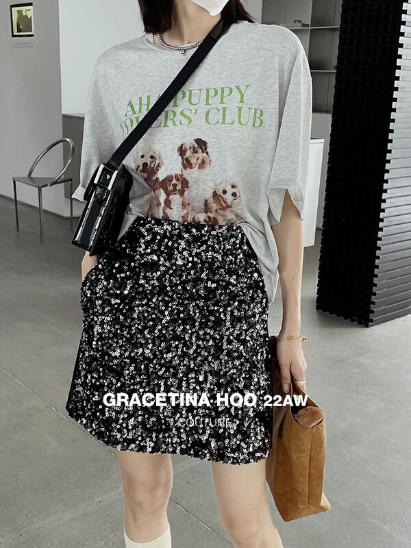 [GRACETINA HOO] Textured sequin stitching high waist slim skirt minimalist waistless H type BQ2218