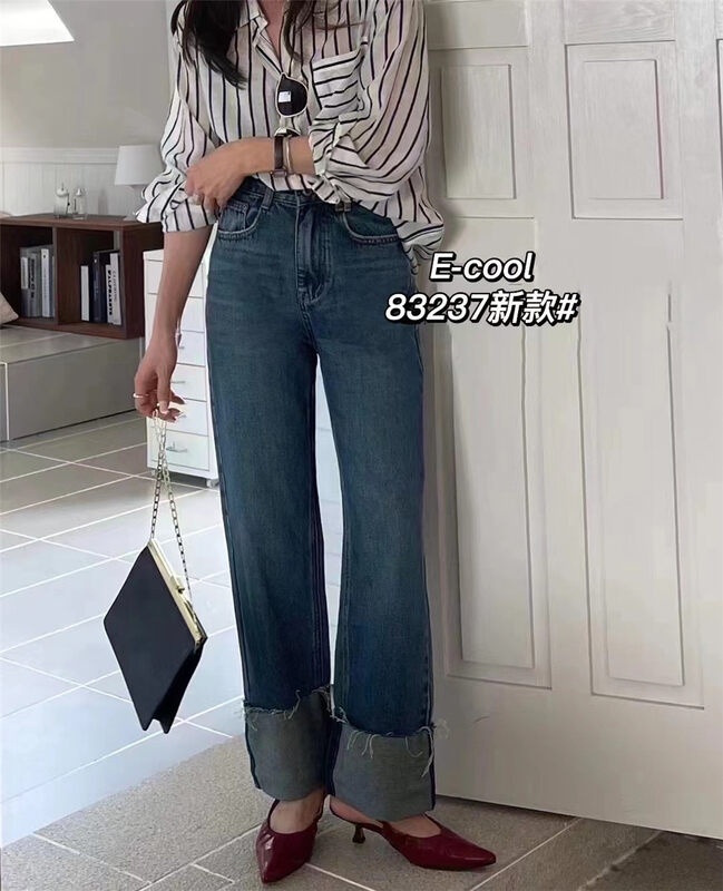 Autumn is new! [Clothes and denim] Korean version of retro curly straight jeans 83237# HJY