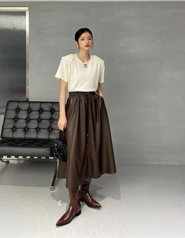 Autumn is new! [HYSO] High waist texture large swing leather skirt 70139# XJ
