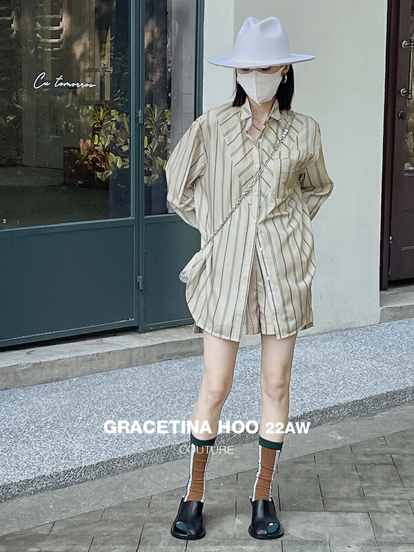 【GRACETINA HOO】Exclusive Custom Printed Striped Anti-Wrinkle Cotton Special Design Lapel Shorts Set Premium Color TZ631