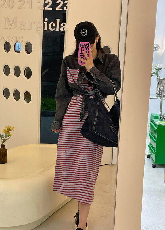 New in autumn! [GDN] denim jacket + striped vest dress suit with strapping design k011# OZQ